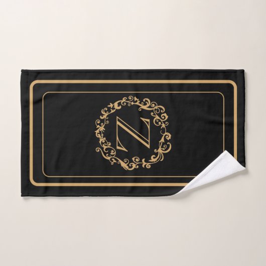 Monogramm für das Schwarze Gold-Border-Design Badhandtuch Set (Handtuch)