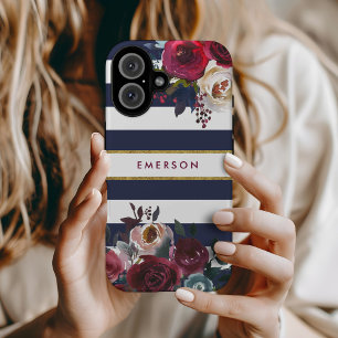 Monogramm für den Boho-Floral-Streifen der Marine  iPhone 16 Hülle