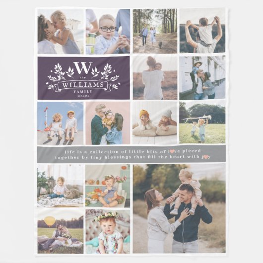 Monogramm für den Familiennamen | 15 FotoCollage Fleecedecke (Vorderseite)