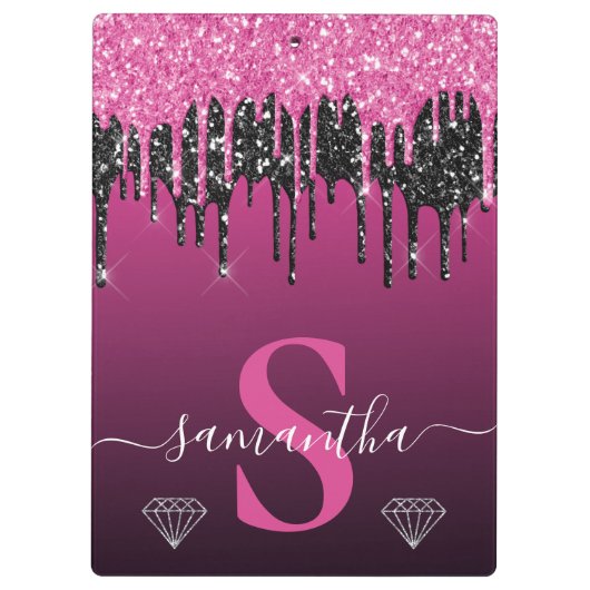 Monogramm für den Glitzer "Hot Pink & Black Drilli Klemmbrett (Rückseite)