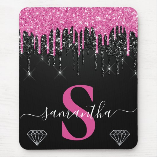 Monogramm für den Glitzer "Hot Pink & Black Drilli Mousepad (Vorne)