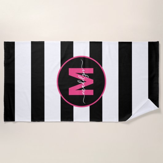 Monogramm für den Schwarz-weißen Streifen Hot Pink Strandtuch (Vorderseite)
