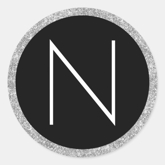 Monogramm für den weißen Schwarzweiß-Silber-Glitze Runder Aufkleber (Vorderseite)