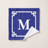 Monogramm für die blaue griechische Schlüsselgrenz Badhandtuch Set (Waschlappen)