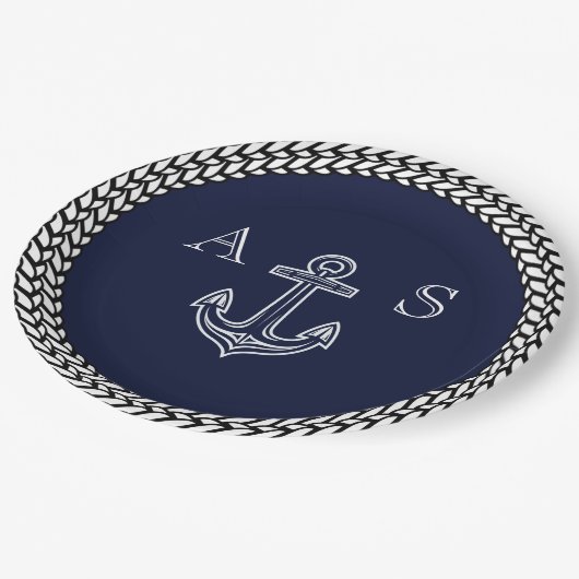 Monogramm für die blaue Streifen des Nautic Navy Pappteller (Schrägansicht)