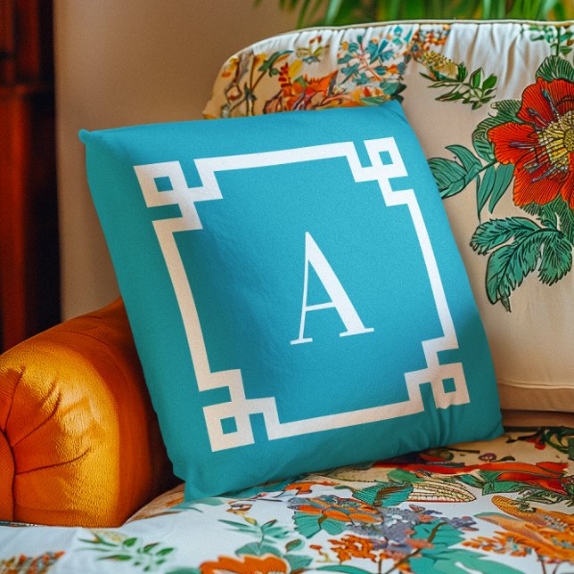 Monogramm für die blaue und die weiße griechische  kissen (Azure and White Greek Key Border Monogram Outdoor Pillow)
