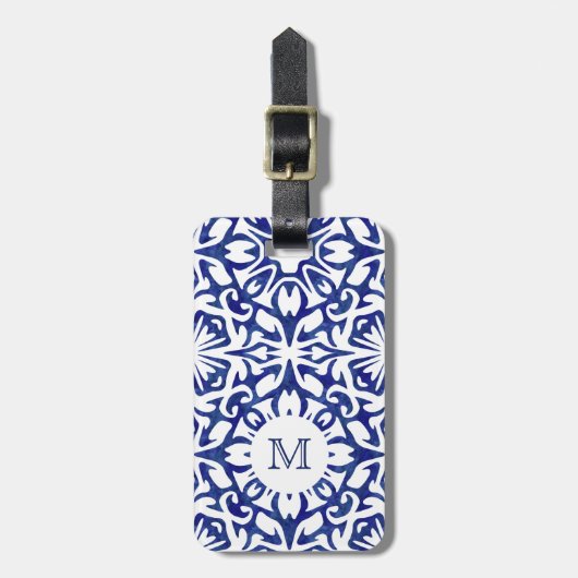 Monogramm für die blaue und weiße Wasserfarbe Gepäckanhänger (Vorderseite vertikal)
