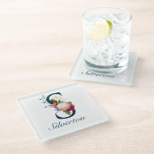 Monogramm für die extravagante florale Marine S Glasuntersetzer (Schrägansicht)