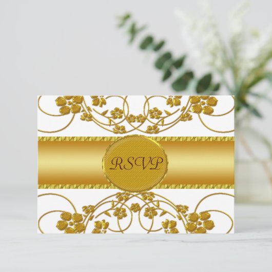 Monogramm für die Hochzeit von Gold und Weiß RSVP Karte (Stehend Vorderseite)