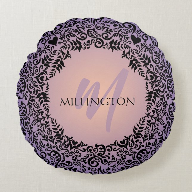 Monogramm für die lila Damasle Rundes Kissen (Vorderseite)