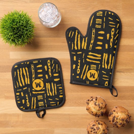 Monogramm für die schwarze schwarze Linie Ofenhandschuh & Topflappen-Set (Oben Unten)