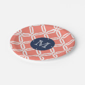 Monogramm für die Verbindung von Korallen und Navy Pappteller (Schrägansicht)