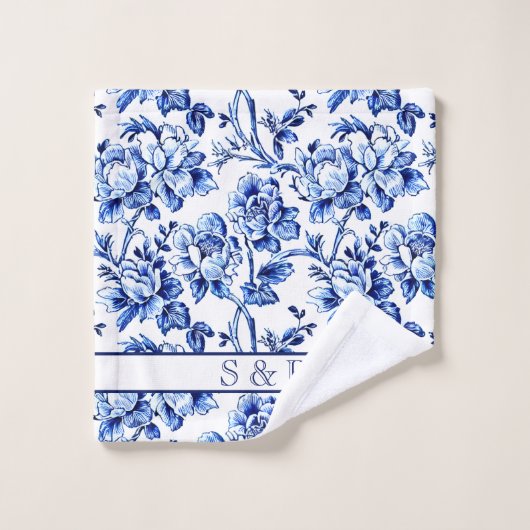 Monogramm für elegante blaue und weiße Blumen Badhandtuch Set (Waschlappen)