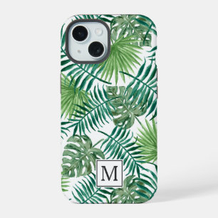 Monogramm für elegante grüne botanische Pal-Blätte iPhone 15 Hülle