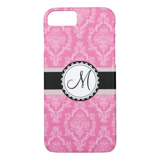 Monogramm für elegantes PINK- und weißes Damask-Mu Case-Mate iPhone Hülle (Rückseite)