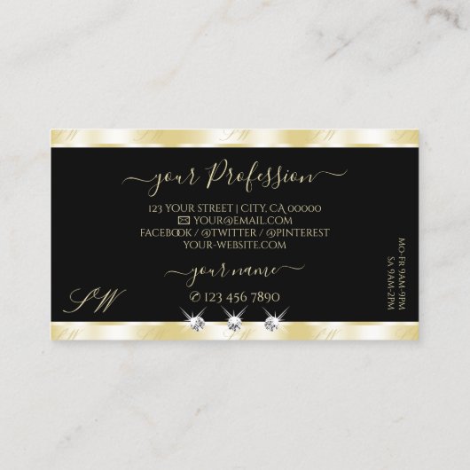 Monogramm für extravagante Goldschwarze Diamanten Visitenkarte (Rückseite)