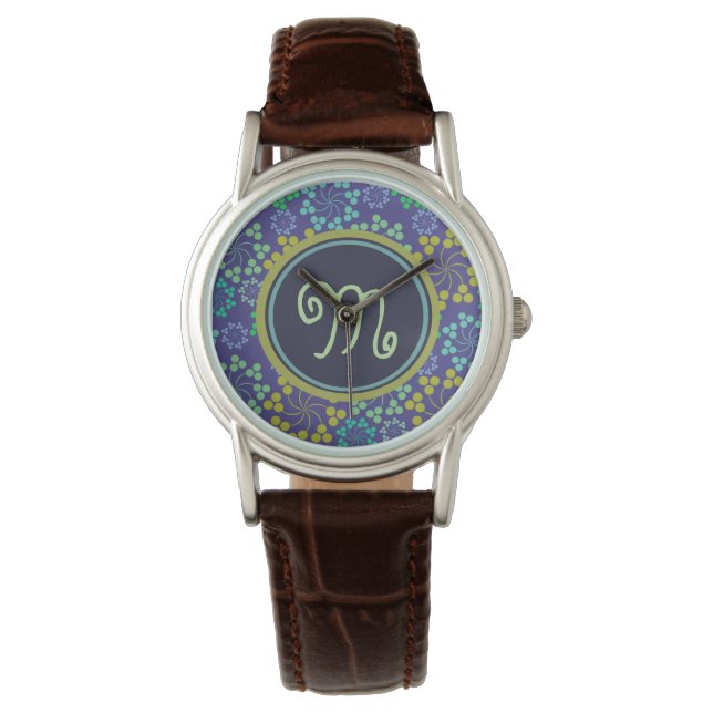 Monogramm für Funky Abstrakt Blue Floral Armbanduhr (Vorderseite)