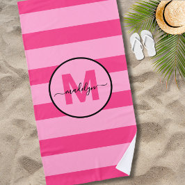 Monogramm für Girly Pink Strip-Skriptnamen Strandtuch