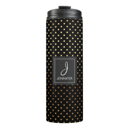 Monogramm für Goldfolie und schwarze Polka-Punktmu Thermosbecher (Vorderseite)