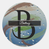 Monogramm für grüne, braune und beige Pinselstrich Runder Aufkleber (Vorderseite)