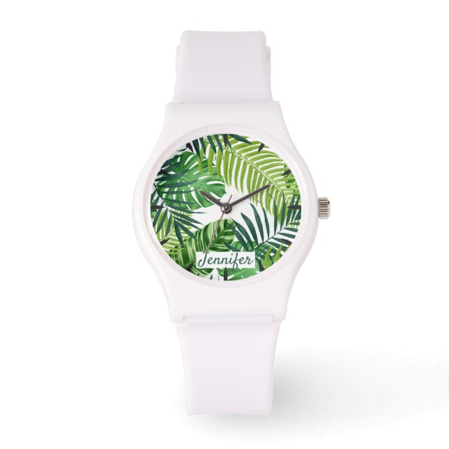 Monogramm für grüne tropische Blätter Armbanduhr (Vorderseite)