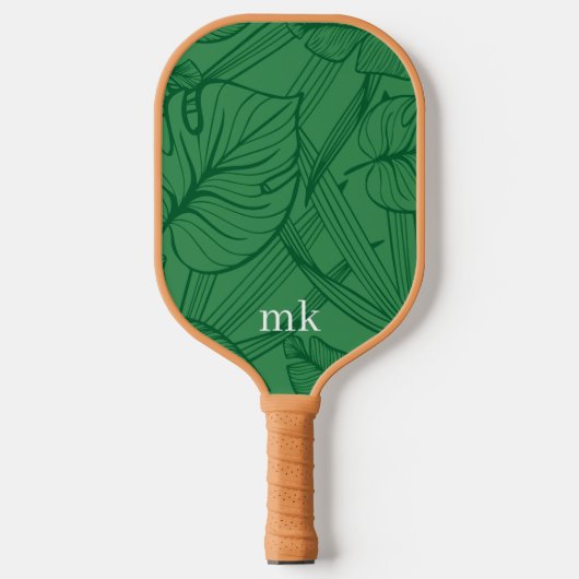Monogramm für grüne tropische Blätter Pickleball Schläger (Vorderseite)
