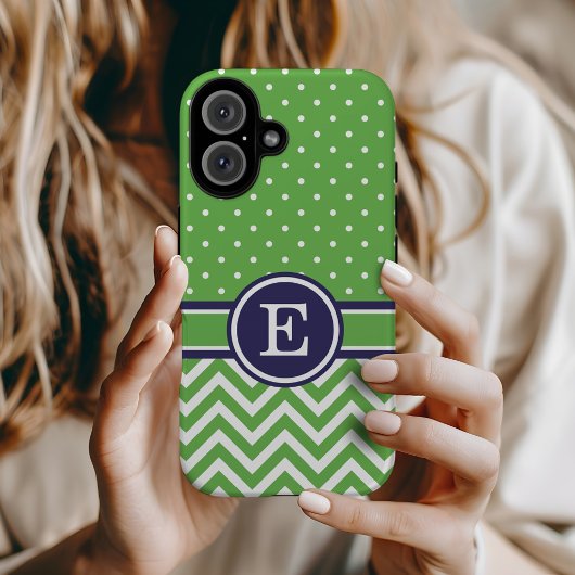 Monogramm für grüne und Navy Preppy Zickzack Dots Case-Mate iPhone Hülle