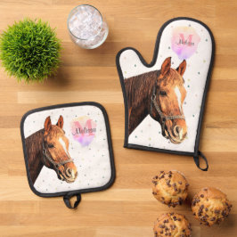 Monogramm für hübsche Pferdehaltung Ofenhandschuh & Topflappen-Set