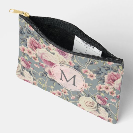 Monogramm für hübsche Rosen und Perlhöre Zubehörtasche (Offen)