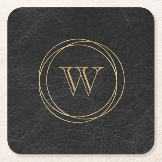 Monogramm für Ledergoldkreise aus schwarzem Imitat Rechteckiger Pappuntersetzer (Vorderseite)