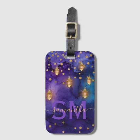 Monogramm für lila und blaues Laternenglühen Gepäckanhänger (Vorderseite Vertikal)