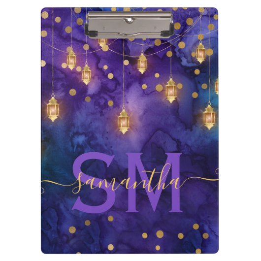 Monogramm für lila und blaues Laternenglühen Klemmbrett (Vorderseite)