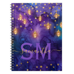 Monogramm für lila und blaues Laternenglühen Notizblock