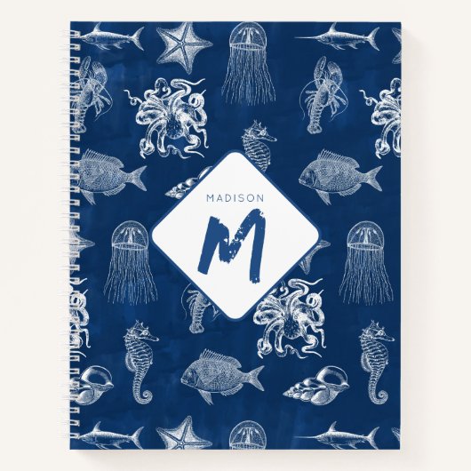 Monogramm für Meerestiere mit blauer Wasserfarbe Notizblock (Vorderseite)