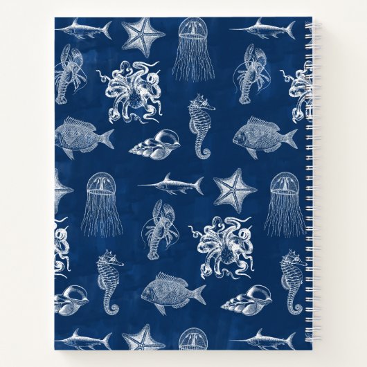 Monogramm für Meerestiere mit blauer Wasserfarbe Notizblock (Rückseite)