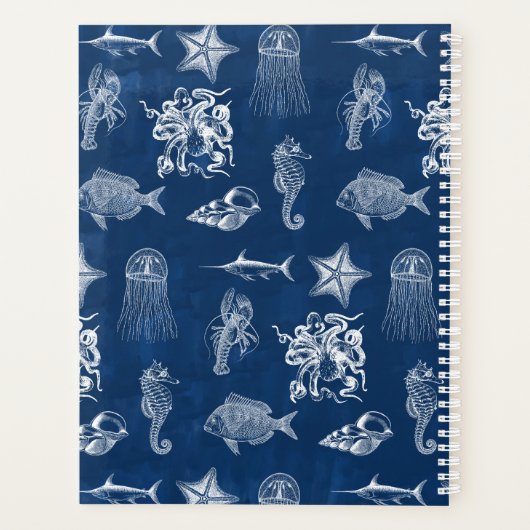 Monogramm für Meerestiere mit blauer Wasserfarbe Planer (Rückseite)