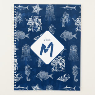 Monogramm für Meerestiere mit blauer Wasserfarbe Planer