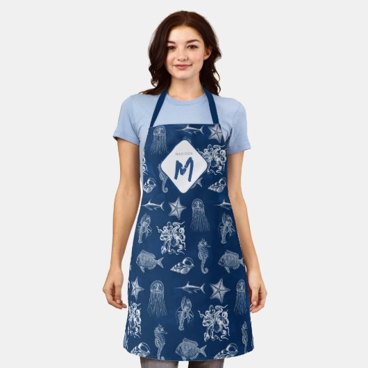 Monogramm für Meerestiere mit blauer Wasserfarbe Schürze (Getragen)