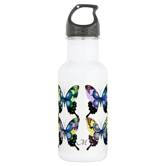 Monogramm für mehrfarbige Retro-Schmetterlinge Edelstahlflasche (Vorderseite)