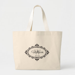 Monogramm für Minimalistische Schwarz-Weiß-Damasku Jumbo Stoffbeutel