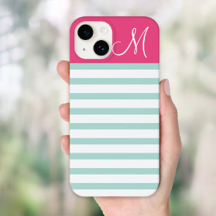 Monogramm für Minze und rosa Preppy-Streifen Case-Mate iPhone Hülle