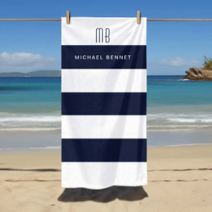Monogramm für moderne Navy Blue Stripes Strandtuch
