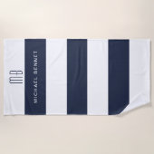 Monogramm für moderne Navy Blue Stripes Strandtuch (Vorderseite)
