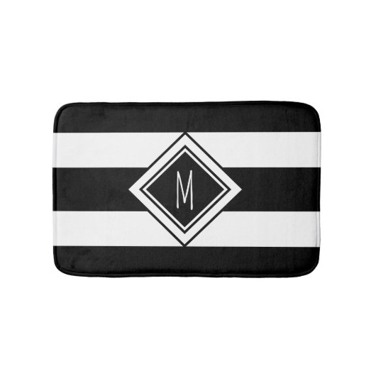 Monogramm für moderne Schwarz-Weiß-Streifen Badematte (Vorderseite)