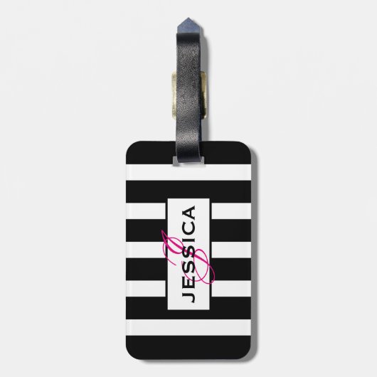 Monogramm für moderne Schwarz-Weiß-Streifen Gepäckanhänger (Rückseite vertikal)