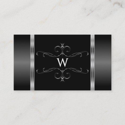 Monogramm für moderne Verzierte Schwarz-Silber-Orn Visitenkarte (Vorderseite)