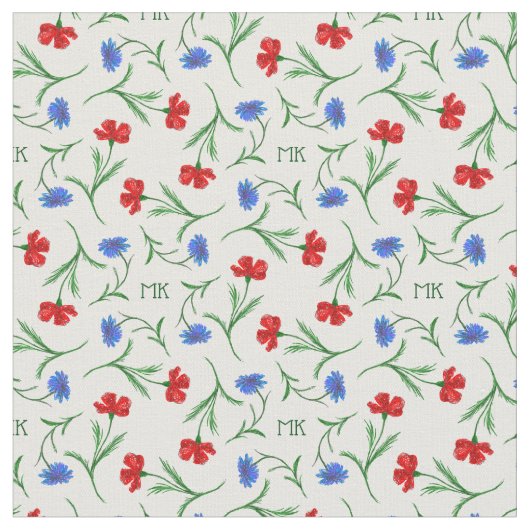 Monogramm für Mohnblumen und Kornblumen Stoff (Nahaufnahme)