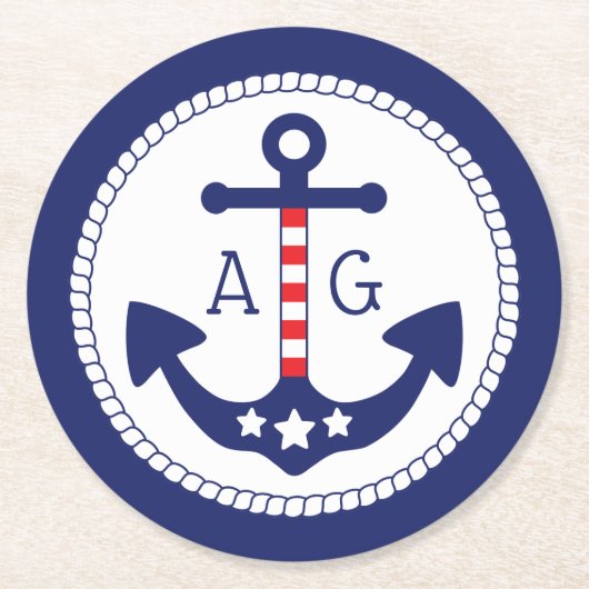 Monogramm für Nautic Anchor Patriotic Stars & Stri Runder Pappuntersetzer (Vorderseite)