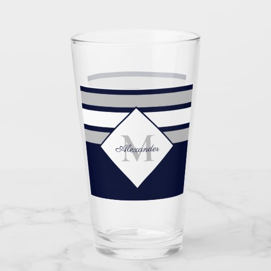 Monogramm für nautische, moderne blaugraue Streife Glas (Vorderseite)