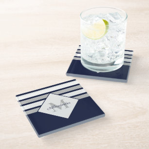 Monogramm für nautische, moderne blaugraue Streife Glasuntersetzer